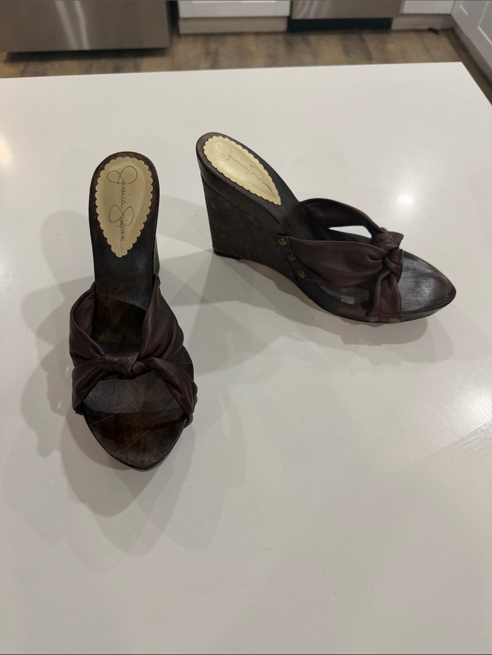 Jessica Simpson Dark Brown Knotted Leather Wedge Slides 👠🆕